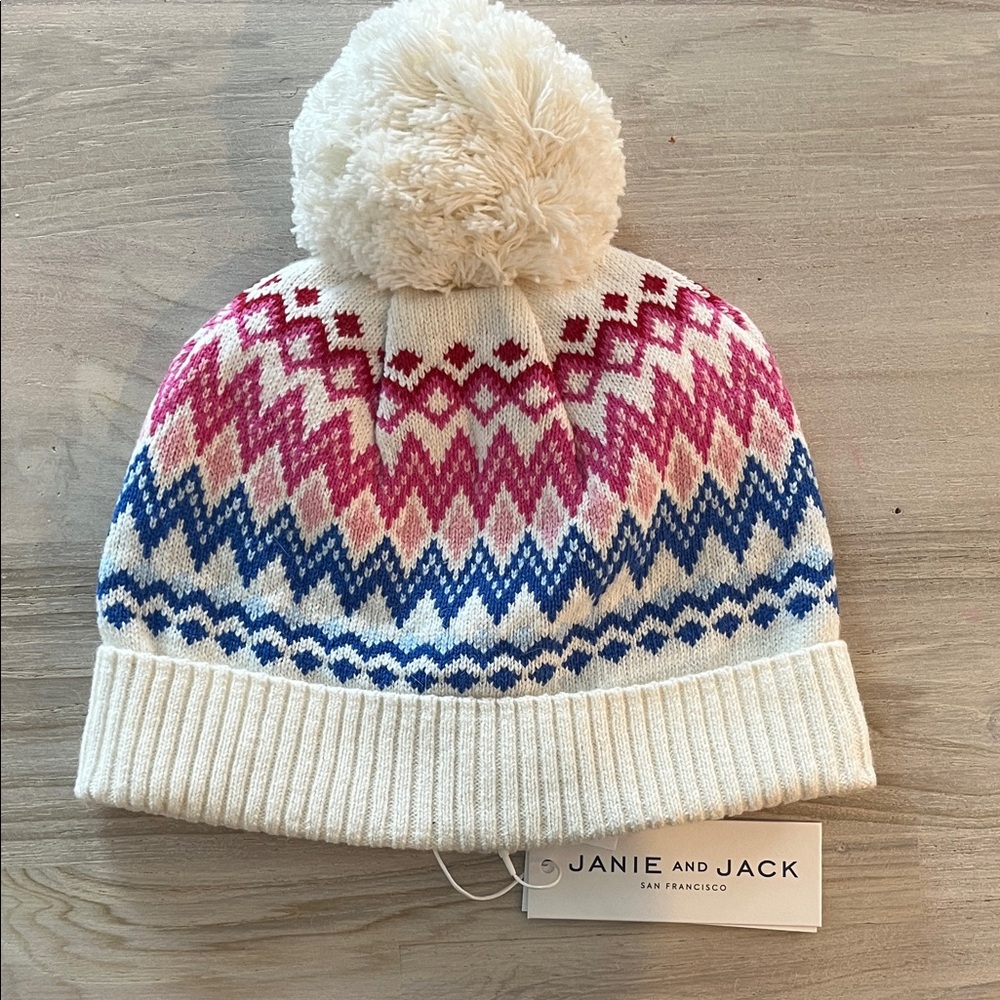 Janie and Jack Zigzag Pom-Pom Hat - Pink, Blue, Cream